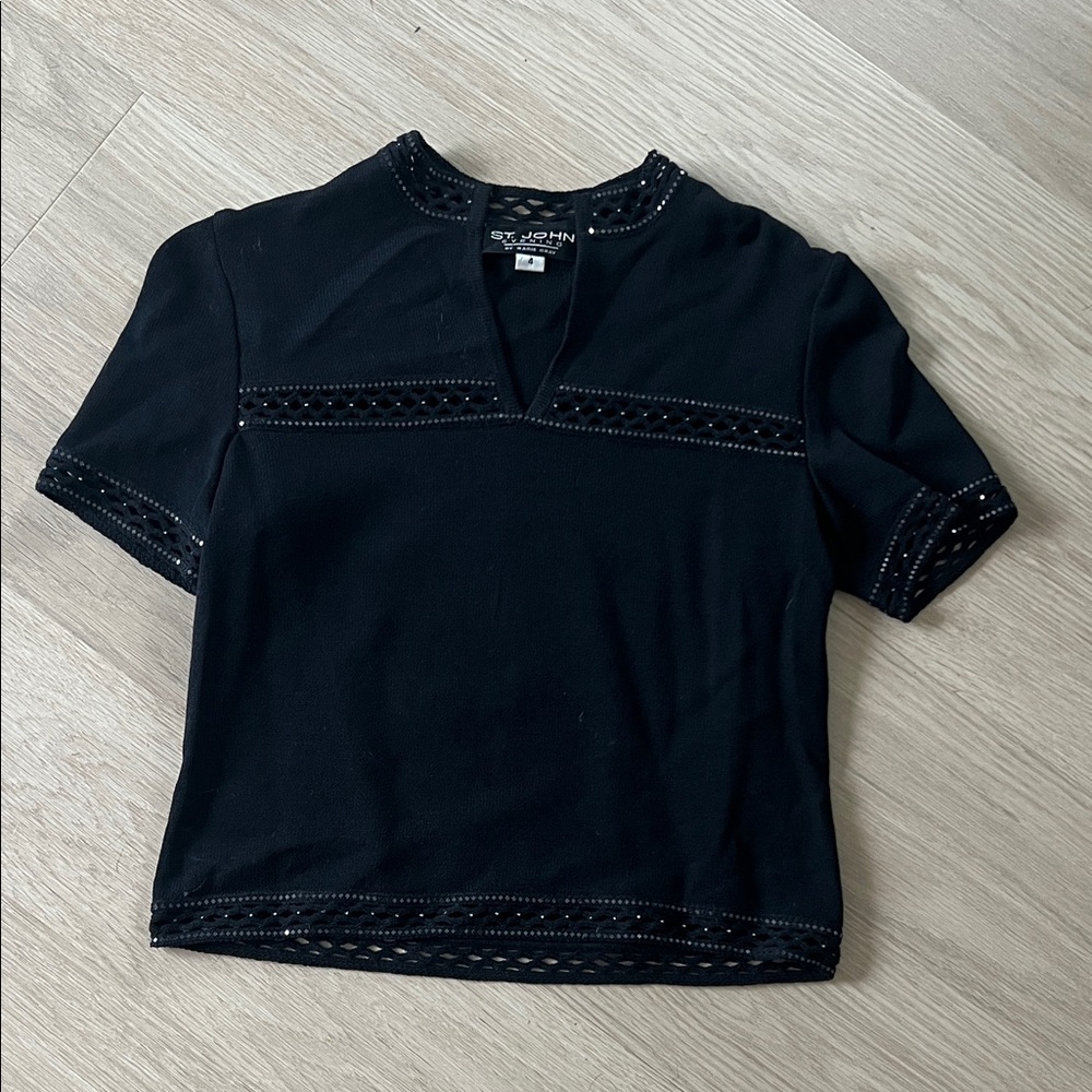 St. John Knit Black Top with Embellishments